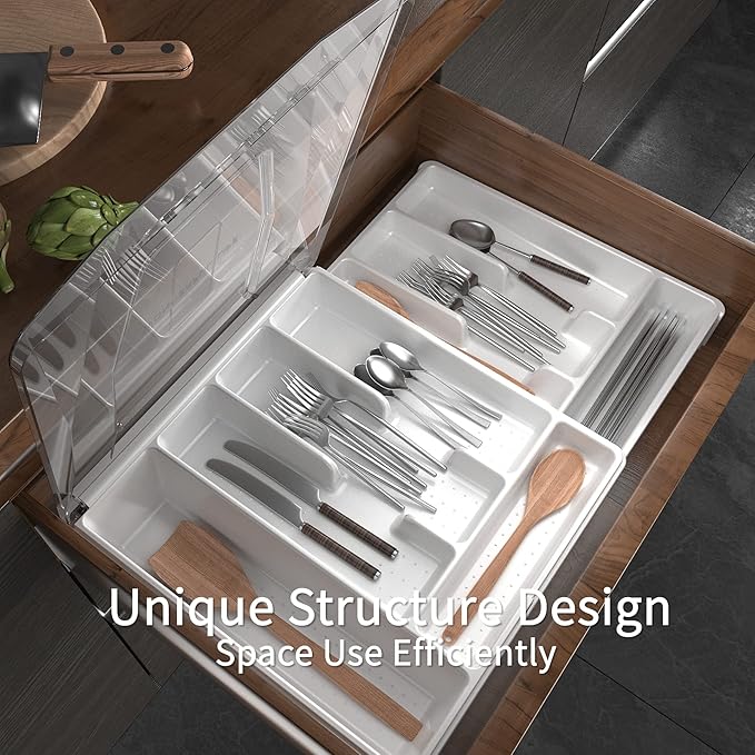 GoCozy Silverware Organizer with Lid, 9 Compartments Flatware Organizer, Plastic Utensil Holder for Countertop, Silverware Tray for Drawer, White