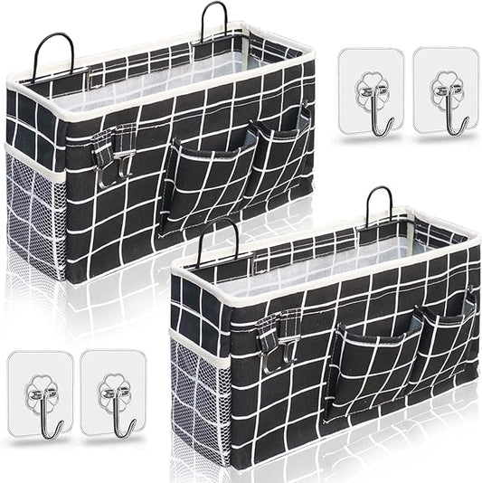 2pcs Large Wall Hanging Organizer Bag, Linen Fabric Door Hanging Storage Baskets with Pockets, Waterproof Bin for Kitchen, Bedroom, Office, RV Camper (Black)