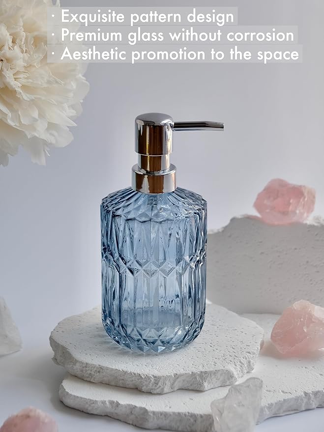 Clear Glass Soap Dispenser with Silver Rust Proof Pump, Refillable Thick Glass Kitchen Soap Dispenser, Lotion Dispenser Bathroom for Hands Soap, Dish Soap, Body Wash (Blue