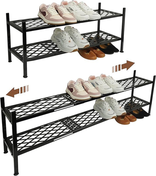 Shoe Rack, Expandable Shoes Organizer Metal Shelf Stand, 2 Tier Stackable Long Shoe Storage Holder For Closet, Floor, Entryway, Garage, Bedroom, Door Entrance For 12-18 Pairs, 45.6 inches Black