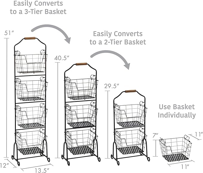 Gourmet Basics by Mikasa Ferme Adjustable 2, 3 or 4 Tier Metal Floor Standing Market Basket for Fruit & Home Storage, Antique Black