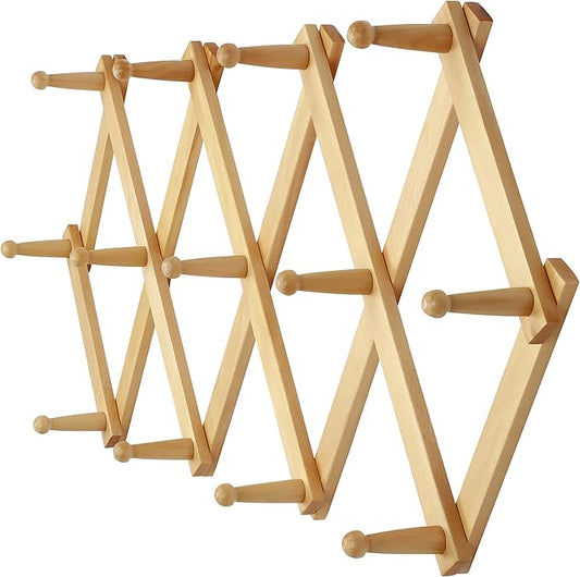 Dseap Accordian Wall Hanger: 16” High Wooden Wall Expandable Coat Rack, Hat Rack Holder, Accordion Hook for Baseball Caps, Coats, Mugs, 13 Peg Hooks, Natural