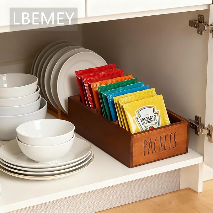Packet Organizer, Acacia Wood Packet Storage Organizer with 3 Compartments,Farmhouse Kitchen Organization for Spice, Gravy, Taco, and Dressings Packets for Kitchen (Brown Label PACKETS)