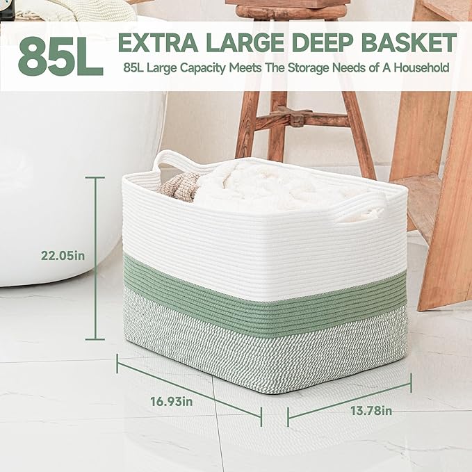 CLHMILY&Z Stylish Square Cotton Rope Storage Basket (Green & White, 85L)