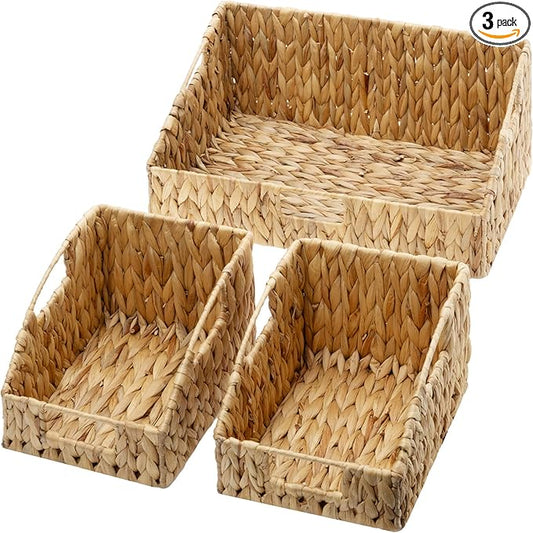 GRANNY SAYS Wicker Storage Basket, Wicker Basket with Handles, Trapezoid Woven Baskets for Shelves, Decorative Baskets for Home Decor, Water Hyacinth, 3 Pack