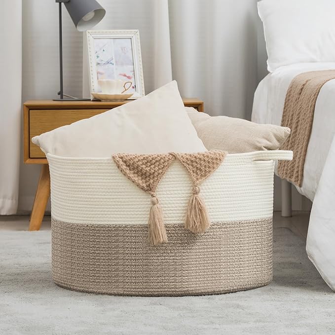 XXXLarge Woven Cotton Rope Basket (21.7" x 13.8") 90L – Blanket Basket for Living Room, Laundry Hamper, Baby Laundry Hamper, Toy Storage, Pillows & Cushions Organizer (Brown)