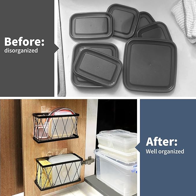 Tupperware Organizer for Cabinet, Adhesive Cabinet Door Organizer Wall Mounted Lid Organizer No Drill Kitchen Cabinet Organizers Storage for Slim Space 3 Pcs Black Stainless Steel
