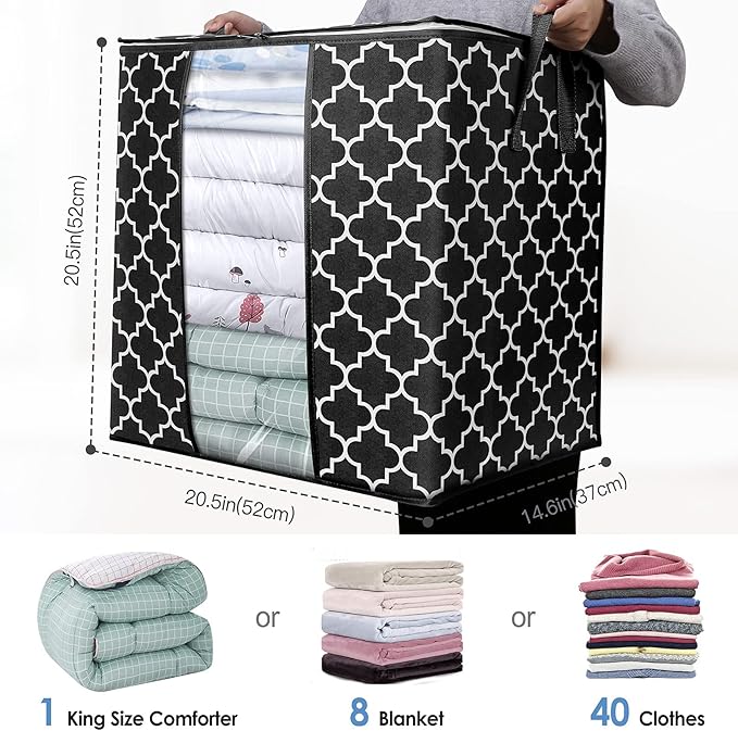 WISELIFE Storage Bags [3 Pack/100L] Large Blanket Clothes Organization and Storage Containers for Comforters,Bedding, Foldable Organizer with Reinforced Handle, Clear Window, Sturdy Zippers,Black