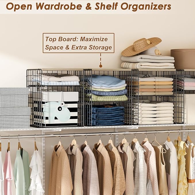 6-Tier Stackable Closet Organizers and Storage Basket, Set of 3 Closet Shelf Organizer with Adjustable Divider & Wood Top Board, Clothes Storage Bins for Wardrobe Organizer System, Space-Saving, Black