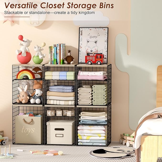 6-Tier Stackable Closet Organizers and Storage Basket, Set of 3 Closet Shelf Organizer with Adjustable Divider & Wood Top Board, Clothes Storage Bins for Wardrobe Organizer System, Space-Saving, Black