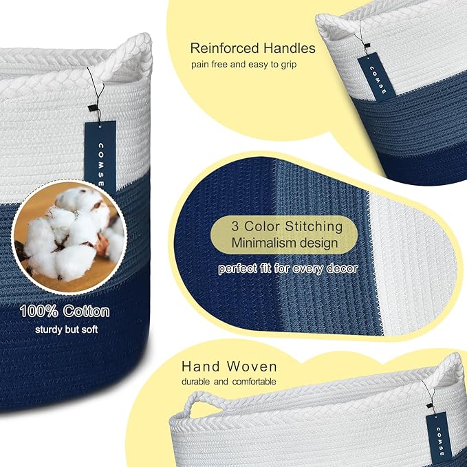 COMSE Extra Large Blanket Basket, Woven Laundry Basket, 21.7âx 13.8â, Nursery Hamper, Cotton Rope Laundry Hamper Living Room for Storage Toys Clothes Towels (White & Cadet Blue & Navy Blue)