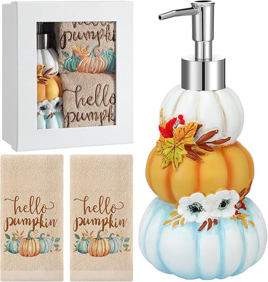 4 Pcs Fall Pumpkin Soap Dispenser Thanksgiving Day Gift Set Autumn Bathroom Accessories, Lotion Pump and Fingertip Towels with Gift Box for Home Bath Autumn Decoration
