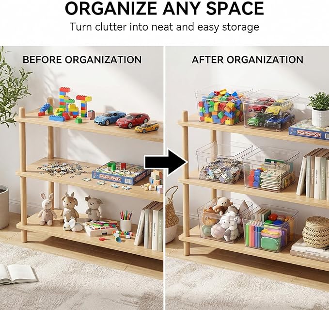 MOONEDGE 4-Pack Clear Plastic Storage Bins — Open-Top PET Organizers, 10" x 10" x 6" Storage Containers Ideal for Pantry, Fridge, Shelf and Counter Organization, Small Storage Bins for Home
