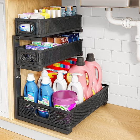 HERJOY Under Sink Organizer, 1-Pack 3-Tier Height Adjustable Thickened Metal Pull out Cabinet Organizer Shelf, Slide out Storage Drawer Rack for Bathroom Kitchen Pantry Home Laundry Organization