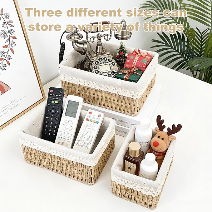 Wicker Storage Baskets 3-Pack Set, Hand-Woven Paper Rope Rattan Bins with Removable Liner, Multi-Size Organizer Baskets for Pantry, Countertop, Bedroom, Bathroom, Shelves (Beige, L+M+S)