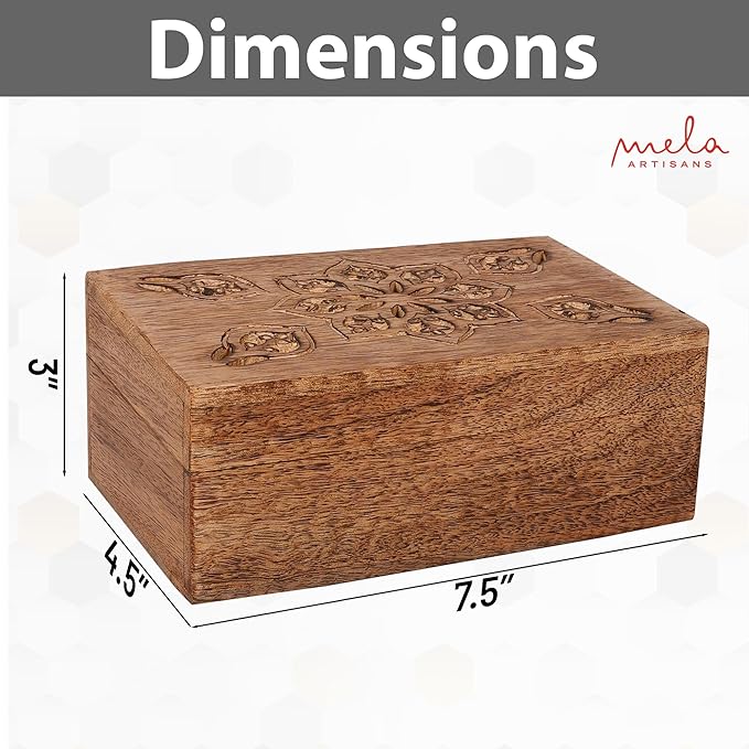 Mela Artisans Wooden Keepsake Box | Burnt Mango Wood Memory | Photo Storage Box with Hinged Lid | Decorative Storage Box | Mediumc | 7.5x4.5x3 Inch