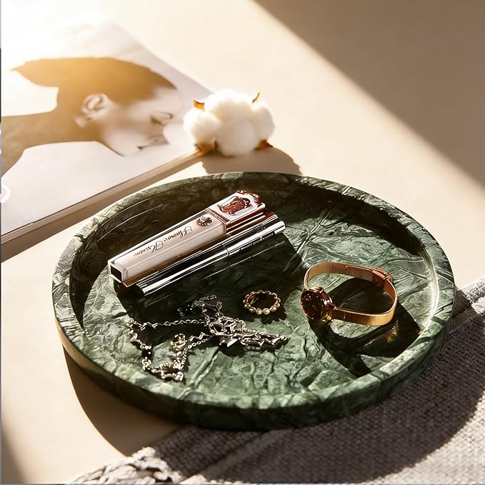 Natural Marble Tray, Round Green Tray for Bedroom/Bathroom/Kitchen/Vanity Countertop, Jewelry Tray for Rings Earrings Necklace Bracelet Watch, Room Decor Aesthetic