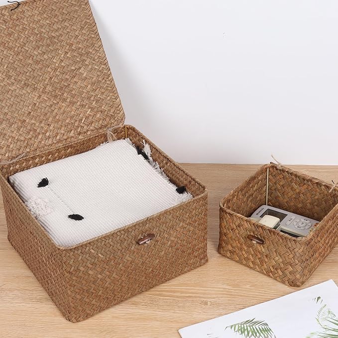 Wicker Shelf Baskets with Lid, Handwoven Seagrass Storage Basket Bins Square Gift Boxes for Shelves Home Decor Organizer (Coffee, X-Small)