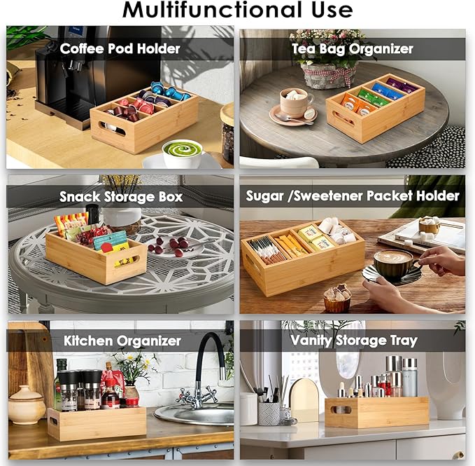 BSTKEY Seasoning Packet Organizer, Food Storage Organizer with 4 Removable Dividers, Bamboo Storage Caddy for Pantry Kitchen Cabinet, Kitchen Organization Bin with Handle for Snacks Spice Packets