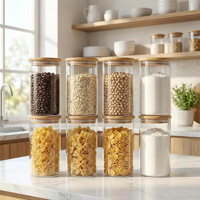 Glass Jars with Bamboo Lids 28 floz [Set of 8], Glass Canisters with Airtight Lids, Glass Food Storage Containers for Pasta, Oats, Coffee, Flour, Sugar, Rice, Best for Kitchen & Pantry