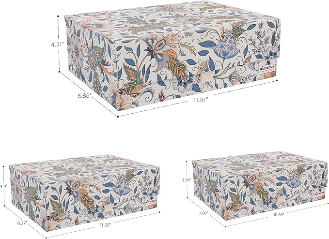 3-Piece Decorative Storage Boxes with Lids, Magnet and Ribbon, Plain White, Floral, Cardboard Paper Keepsake box Set, Photo Storage Box for Memory, Modern Stylish Home Decor
