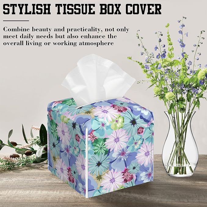 Tissue Box Cover Colorful Daisy Flowers Leather Tissue Box Holder Cube Paper Case Cover Facial Paper Organizer Dispenser for Bathroom, Vanity Countertop, Office Desk