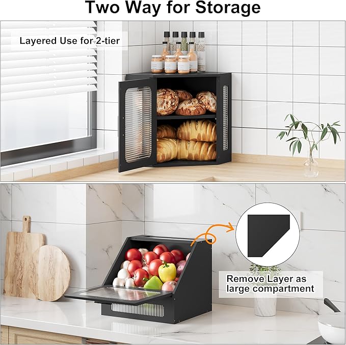 TQVAI Bread Box for Kitchen Countertop Large Corner Bread Loaf Storage Container Double Layer Wooden Bread Boxes Bin Farmhouse Pantry Shelf with Acrylic Window, Black