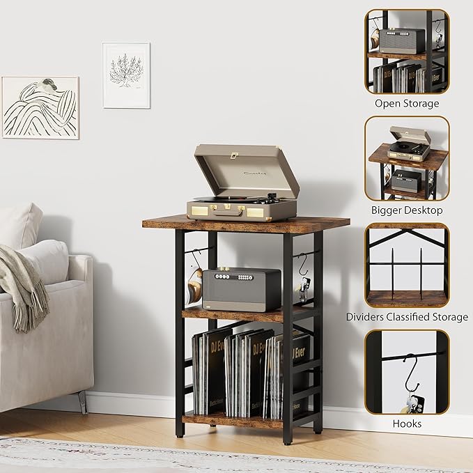 Record Player Stand with Extended Desktop,Large Record Player Table with Vinyl Storage,Tall Turntable Stand with Record Holder Vinyls Display Shelf for Music Room Studio, Rustic Brown
