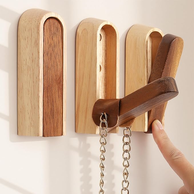 Modern Folding Wall Hooks: Wooden Coat Hooks 3 Pack for Small Space Entryway Behind Doors - Mid Century Decorative Hanger for Hanging Towels Backpacks Bag Hats (Walnut Wood & Rubberwood)