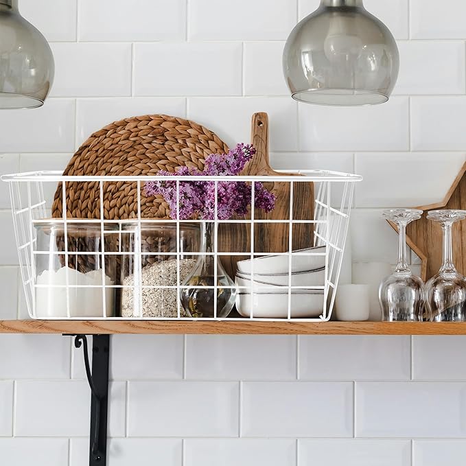 Sturdy Small Wire Storage Basket for Kitchen Food, Pantry Papers, Home Office Desk and Shelf, Bathroom Laundry Room, Bedroom, White, 3 PCS