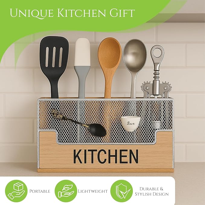 4 Compartments Large Kitchen Utensil Holder Organizer for Counter or Countertop|Wooden Storage Container for Cooking and Silverware| Farmhouse Rustic For Kitchen Organizer