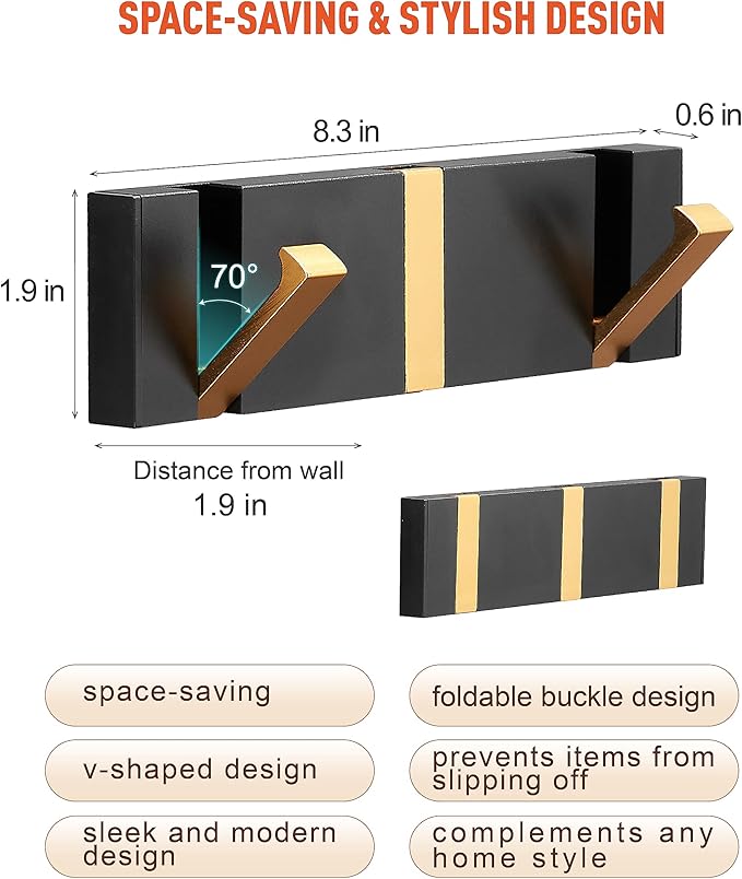 Black Gold Waterproof Wall Hooks - 2 Pack, Foldable Towel Hooks for Bathrooms, Coat Hooks Wall Mounted - Versatile Hooks for Bathroom, Kitchen, Balcony Décor