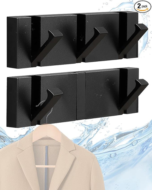 Black Waterproof Wall Hooks - 2 Pack, Foldable Towel Hooks for Bathrooms, Coat Hooks Wall Mounted - Versatile Hooks for Bathroom, Kitchen, Balcony Décor