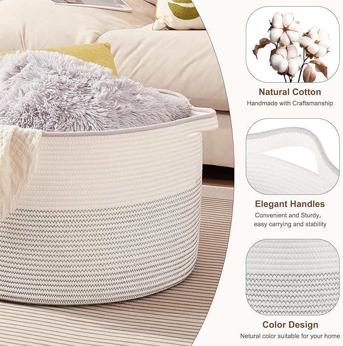 Large Blanket Basket with Handles, 22.8" x 22.8" x 13" Woven Storage Basket for Living Room, Cotton Rope Baby Toy Storage for Clothes, Pillows, Towels-Black and White