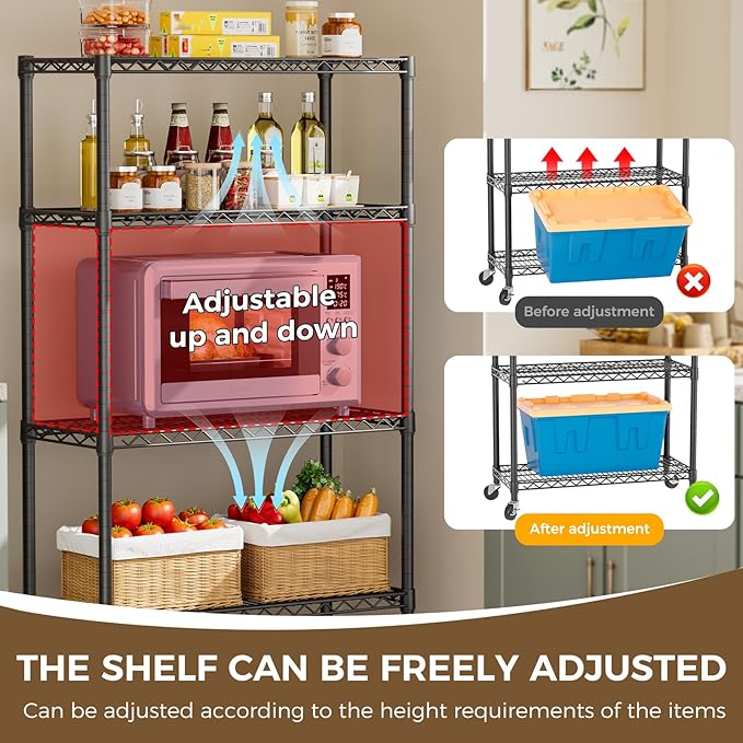 4 Tier Shelves Storage Shelf Wire Closet Bathroom Organizers Metal Pantry Kitchen Garage Shelving Unit Laundry Room Organization Home Rack Net Basket Black 14”D X 36”W X 58”H