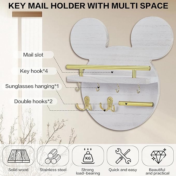 AIRPOP Key Holder for Wall–Mouse Wooden Mail Organizer Wall Mount with Shelf and 6 Hooks, Easy Installation Key Rack Hanger for Entryway Living Room Home Decor(White)