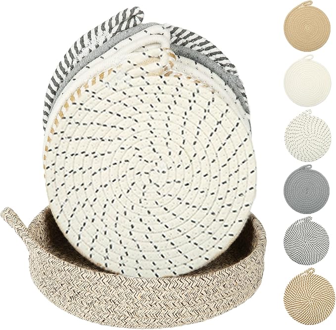 Hot Pads for Kitchen & Quartz Countertops – 6-Pack 8-Inch Cotton Trivets for Hot Dishes, Pots and Pans, Machine Washable Farmhouse Kitchen Decor with Storage Basket