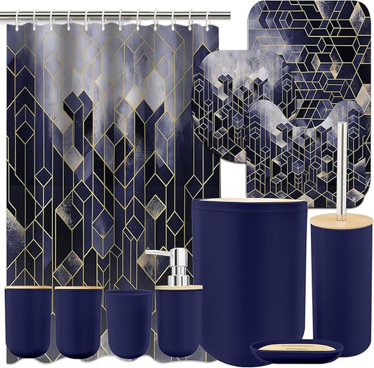 Lnond Blue Bathroom Set, Blue Abstract Cubes Bathroom Accessories Sets Complete, Luxury Restroom Set with Shower Curtain and Rugs, Trash Can, Toilet Brush Holder Set & Soap Dispenser