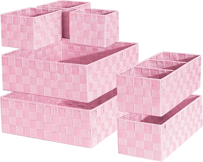 Drawer Organizer, Cube Baskets for Storage Shelves, Handmade Small Woven Basket, Shallow Storage Bins for Organizing Desk, Dresser, Kitchen, Pantry, Nested 7 Pack, Pink
