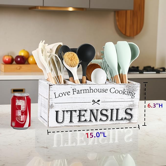 Utensil Holder,Kitchen Utensil Holder For Kitchen Counter,Extra Large Cooking Spatula Organizer,Farmhouse Wooden Big Storage With 4 Compartments Rustic Flatware Spoon Tool Organizer （Retro White）