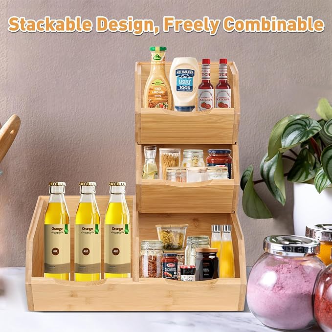 Bamboo Stackable Pantry Storage Bins, Kitchen Pantry Organizers and Storage, Potato and Onion Storage Bin, Wood Pantry Baskets for Produce, Fruits, Vegetable and Bread, Set 3 Pieces