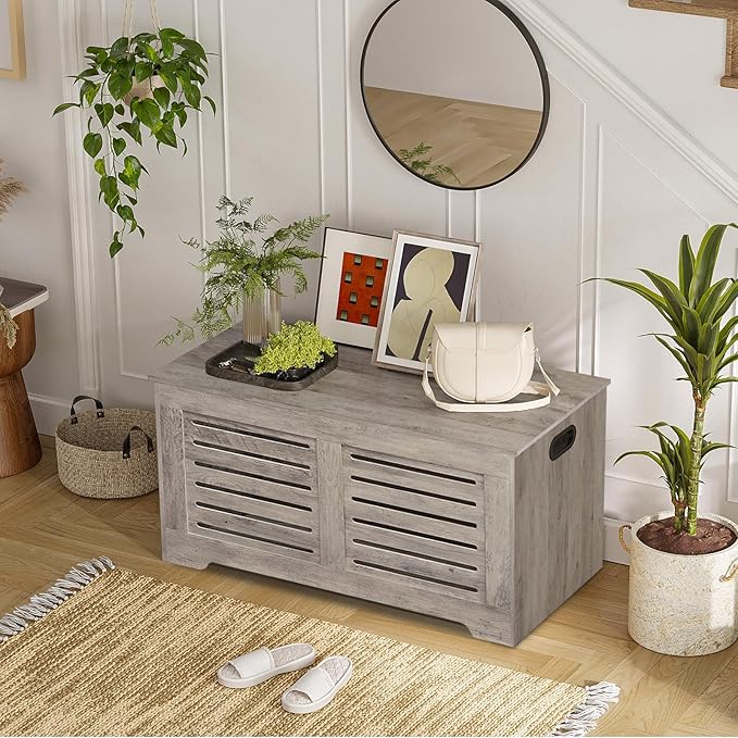 DINZI LVJ Storage Chest, 39.4âWooden Toy Box with 2 Safety Hinges, Retro Entryway Shoe Storage Bench with Flip-Top, Sturdy Large Storage Trunk for Living Room, Bedroom, Easy Assembly, Greige