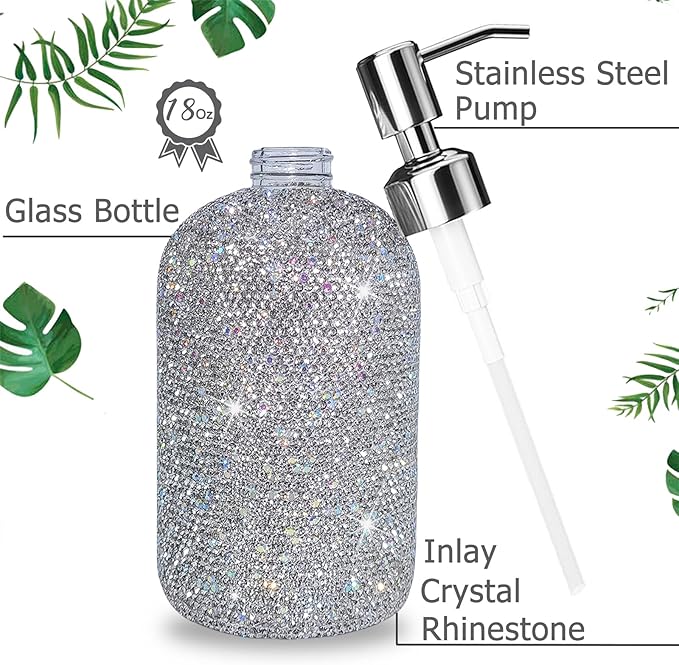 SlowVibes 18Oz Bling Glass Soap Dispenser with Rust Proof Stainless Steel Pump,Refillable Liquid Hand Wash Bottle for Bathroom Kitchen,Sparkle Decorative Shower Dispenser,Rhinestone Lotion Dispenser