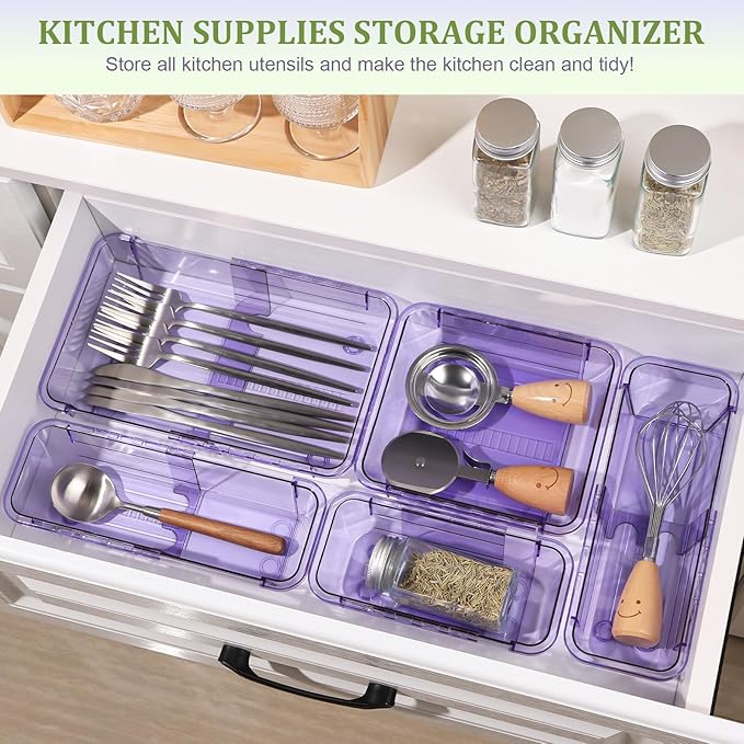 20 Pcs Adjustable Clear Drawer Organizer, All Extendable Vanity Storage Bins, Desk Drawer Organizer Set for Makeup, Cosmetics, Bedroom, and Gadgets, Purple