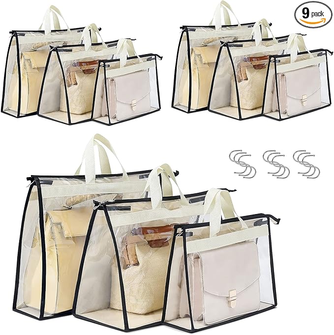 Interesse 9 Pack Dust Bags for Handbags, Clear Handbag Storage, Purse Storage Organizer for Closet, Purse Cover Hanging Closet Organizer with Zipper