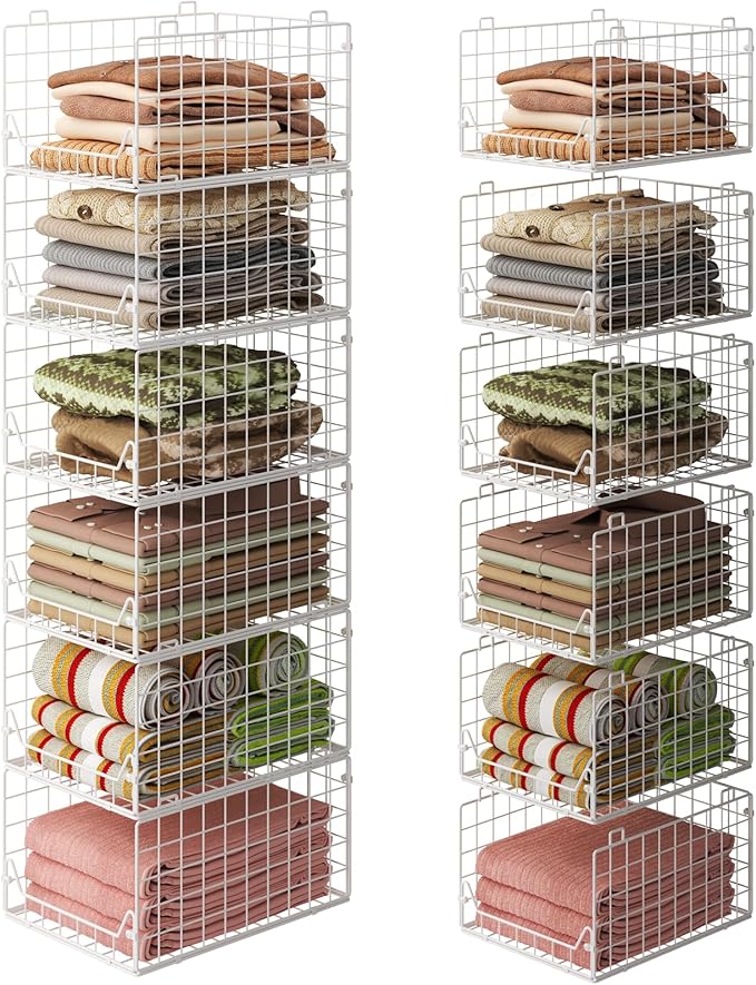 6-Tier Closet Shelf Organizer,Metal Stackable Closet Organizers and Storage,Clothes Storage Bins,Shelf Organizer Basket ,Folded Shelf Organizer for Closet Wardrobe,White