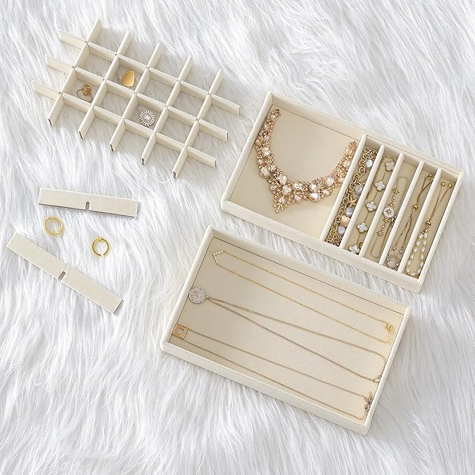 ProCase Stackable Jewelry Organizer Trays for Drawers, Jewelry Drawer Inserts Container Display Case Storage for Earring Necklace Rings Bracelet with Removable Dividers -Cream Beige, 4 Layers