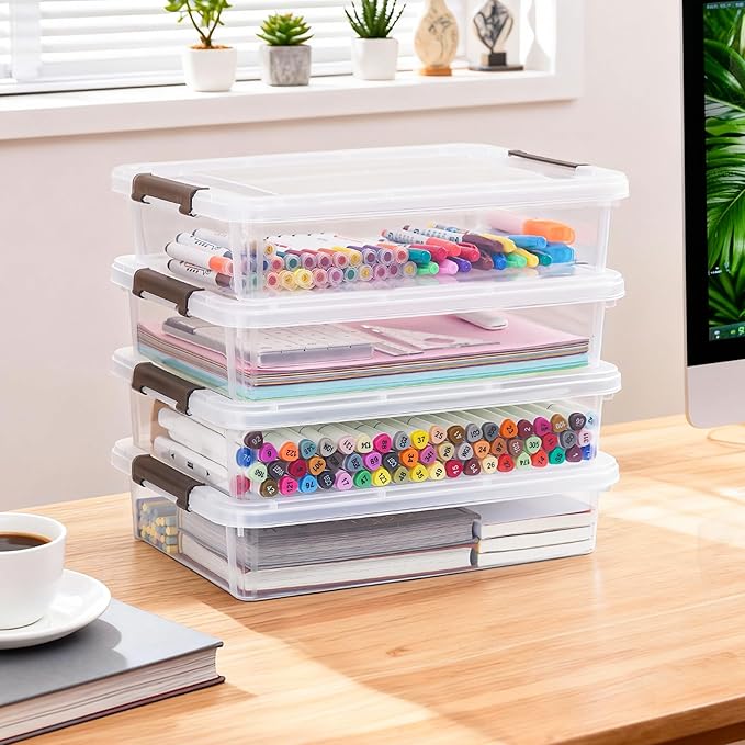 Citylife Clear Storage Bins with Lids,6 Quart Plastic Container Bins for Organizing,Clear File Box Stackable Storage Containers for Home, Office, School, and Scrapbook Clear White,5 Packs