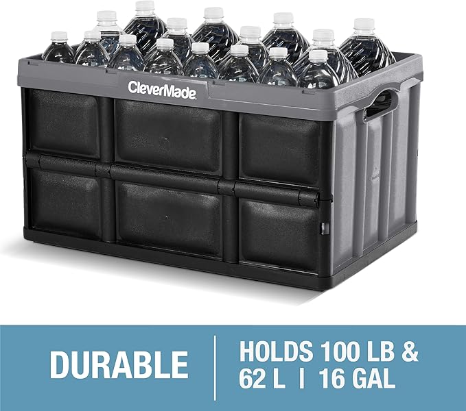 CleverMade Collapsible Storage Bins - Tan 3 Pack 62L - Stackable Containers Heavy Duty Capacity Folding Crates - Space-Saving for Home