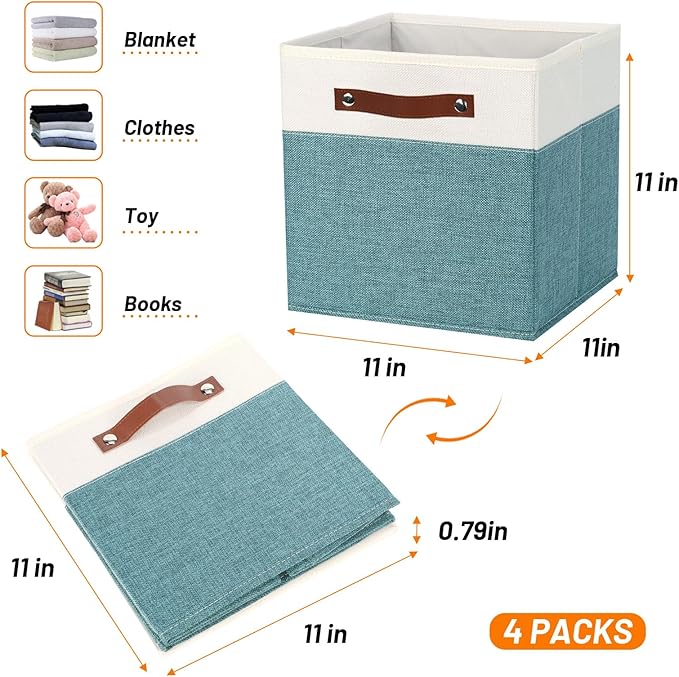 HNZIGE Storage Organizer Bins Fabric Cubes for Cube Organizer Bins for Organizing 11 Cube Storage Bin, Collapsible Storage Bins with Handles,Foldable Storage Cubes(White&Dark Green)